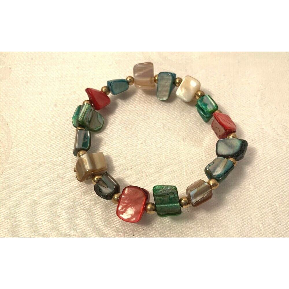Vintage Stretch Bracelet Multicolor Painted Shells with Goldtoneโ Spacer Beads